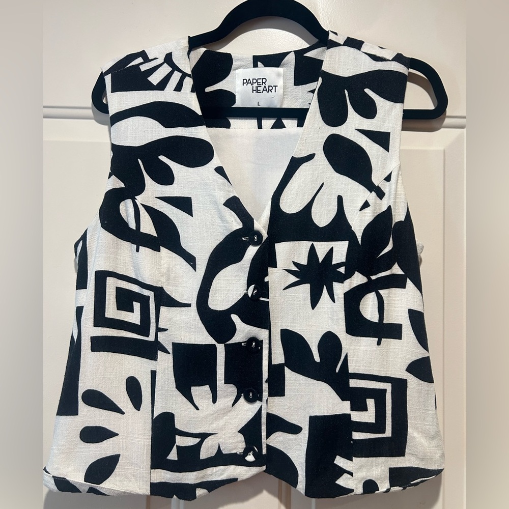 Linen Blend Black and White Patterned Vest, Medium